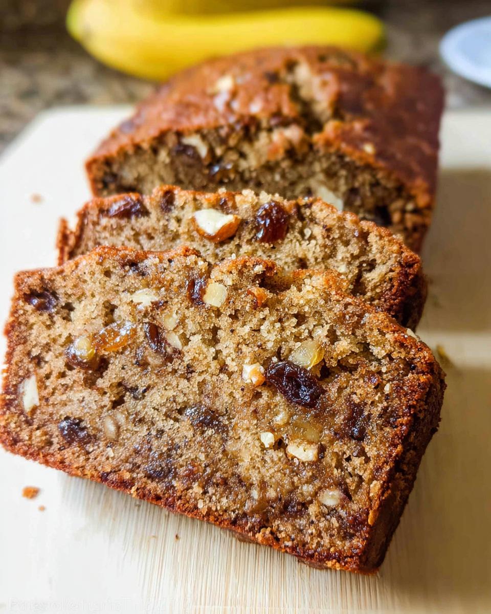Close-up of moist banana bread with nuts and raisins, sliced on a wooden board.