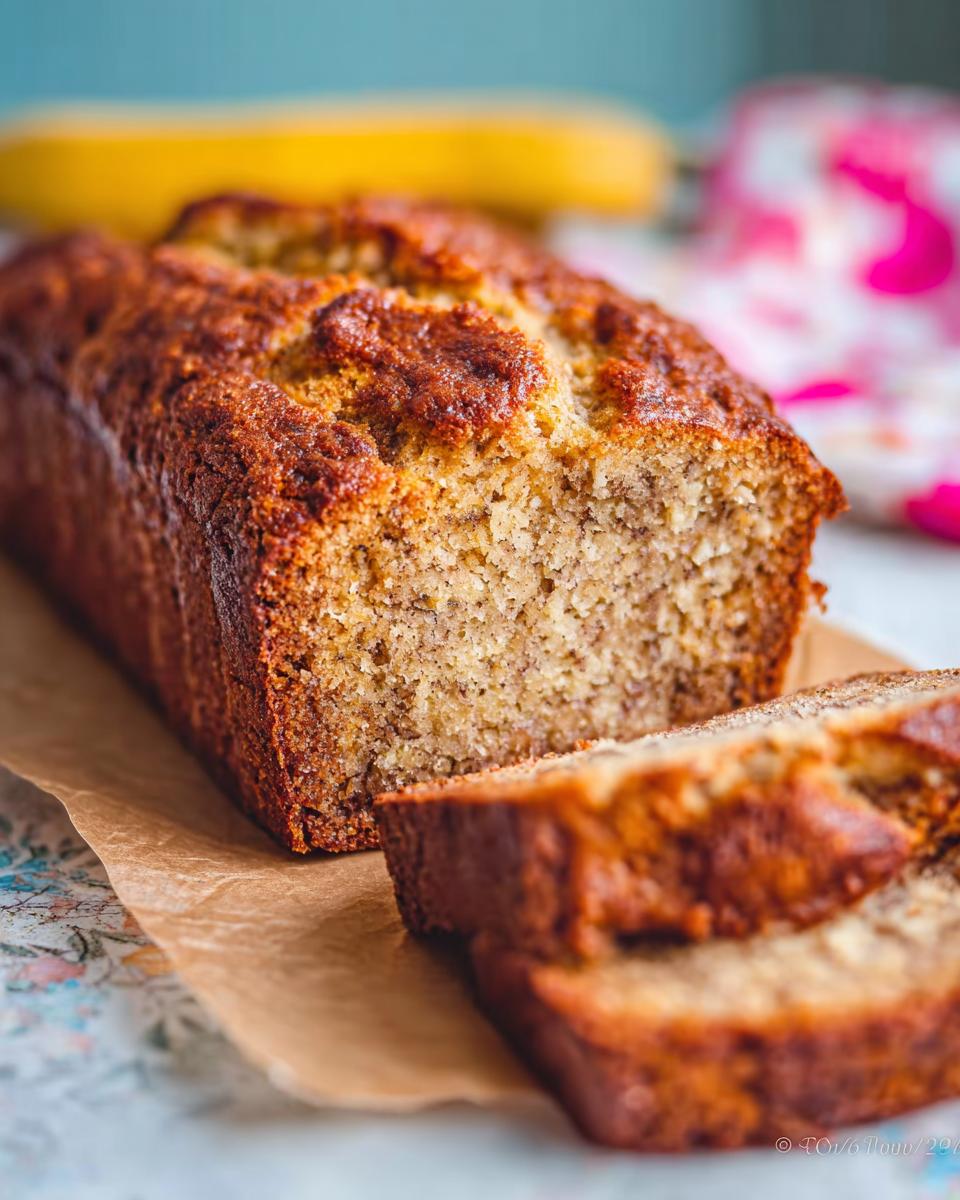 A close-up of a freshly baked Banana Bread with Sour Cream loaf, partially sliced on parchment paper.