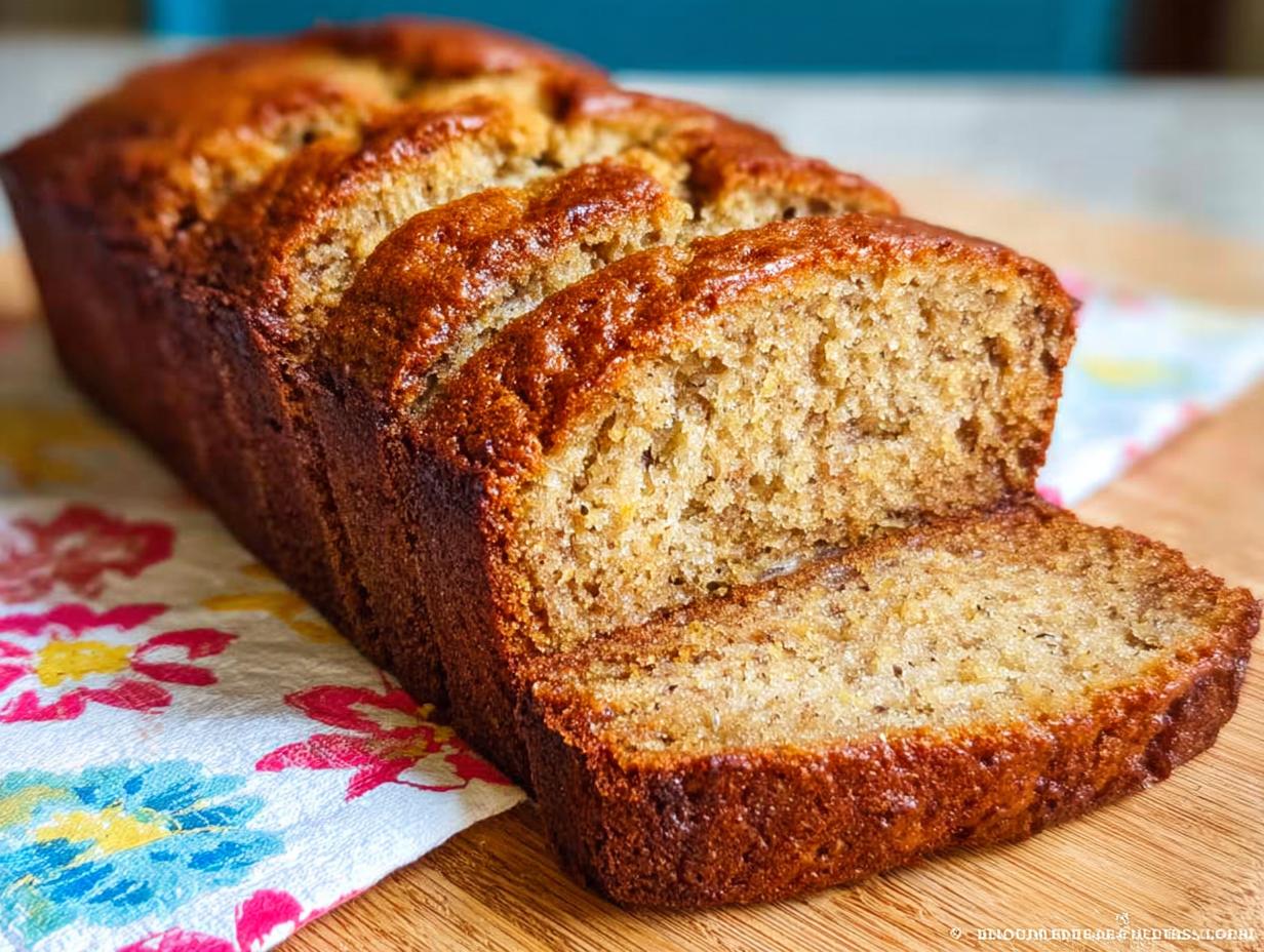 A freshly baked loaf of Banana Bread with Sour Cream, partially sliced on a wooden board.