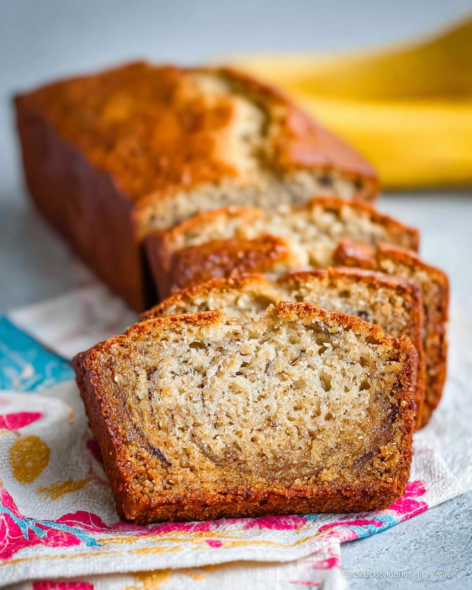 Close-up of a thick slice of moist Banana Bread with Sour Cream showing its texture, with the rest of the loaf blurred behind.