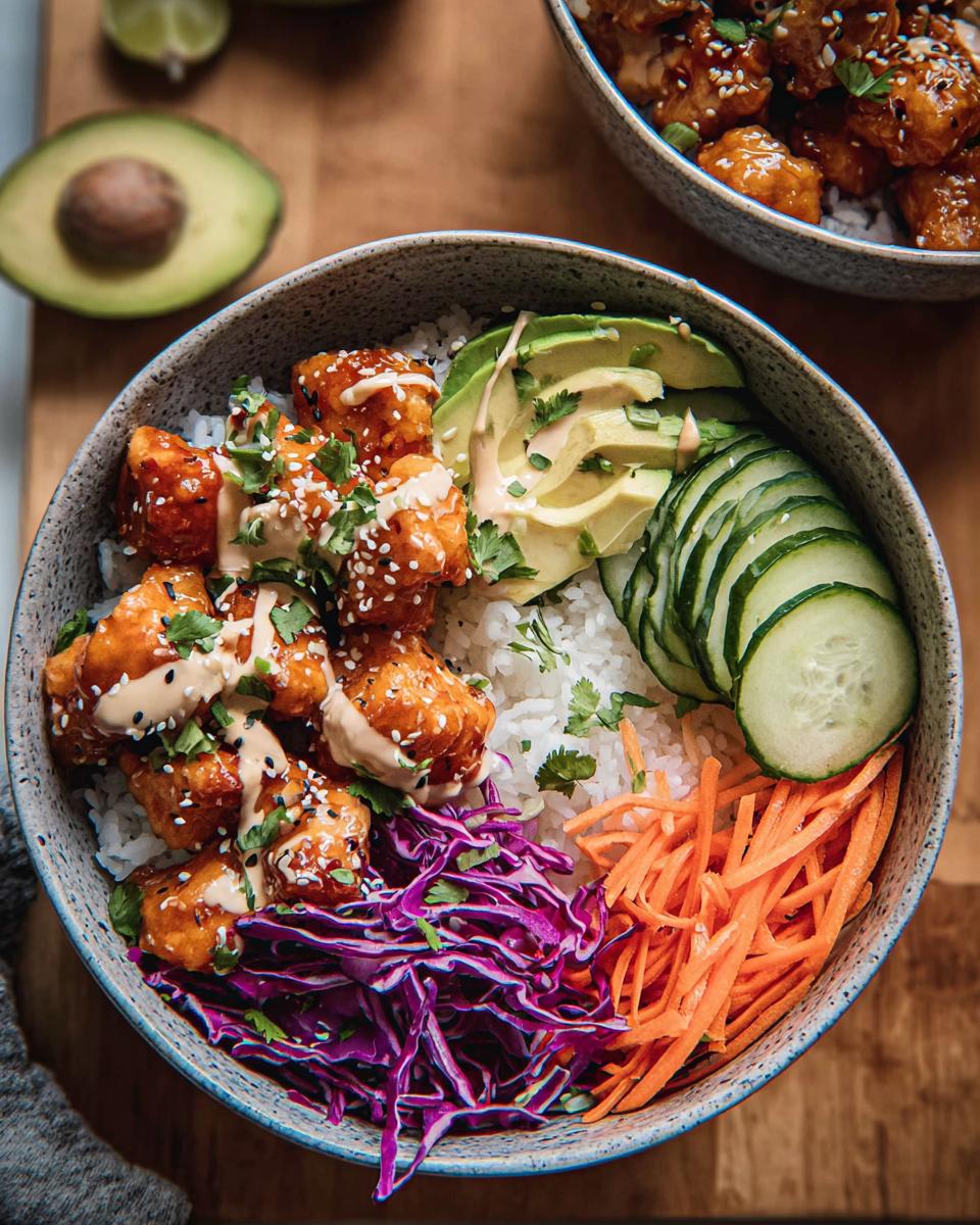 Close-up of a vibrant Bang Bang Chicken Bowl featuring crispy chicken, rice, avocado, cucumber, and shredded cabbage.