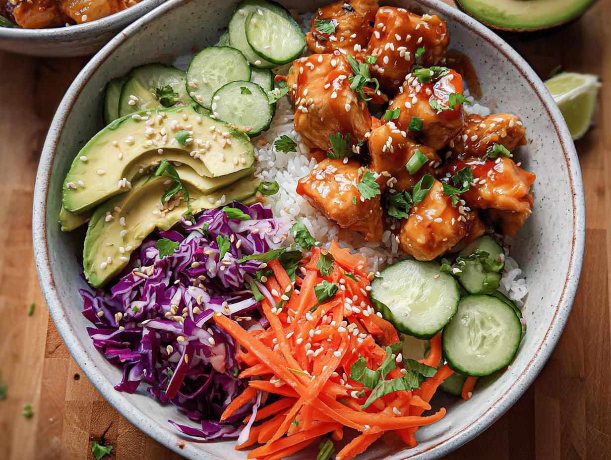 A vibrant Bang Bang Chicken Bowl featuring glazed chicken, rice, avocado, shredded carrots, red cabbage, and cucumber slices.
