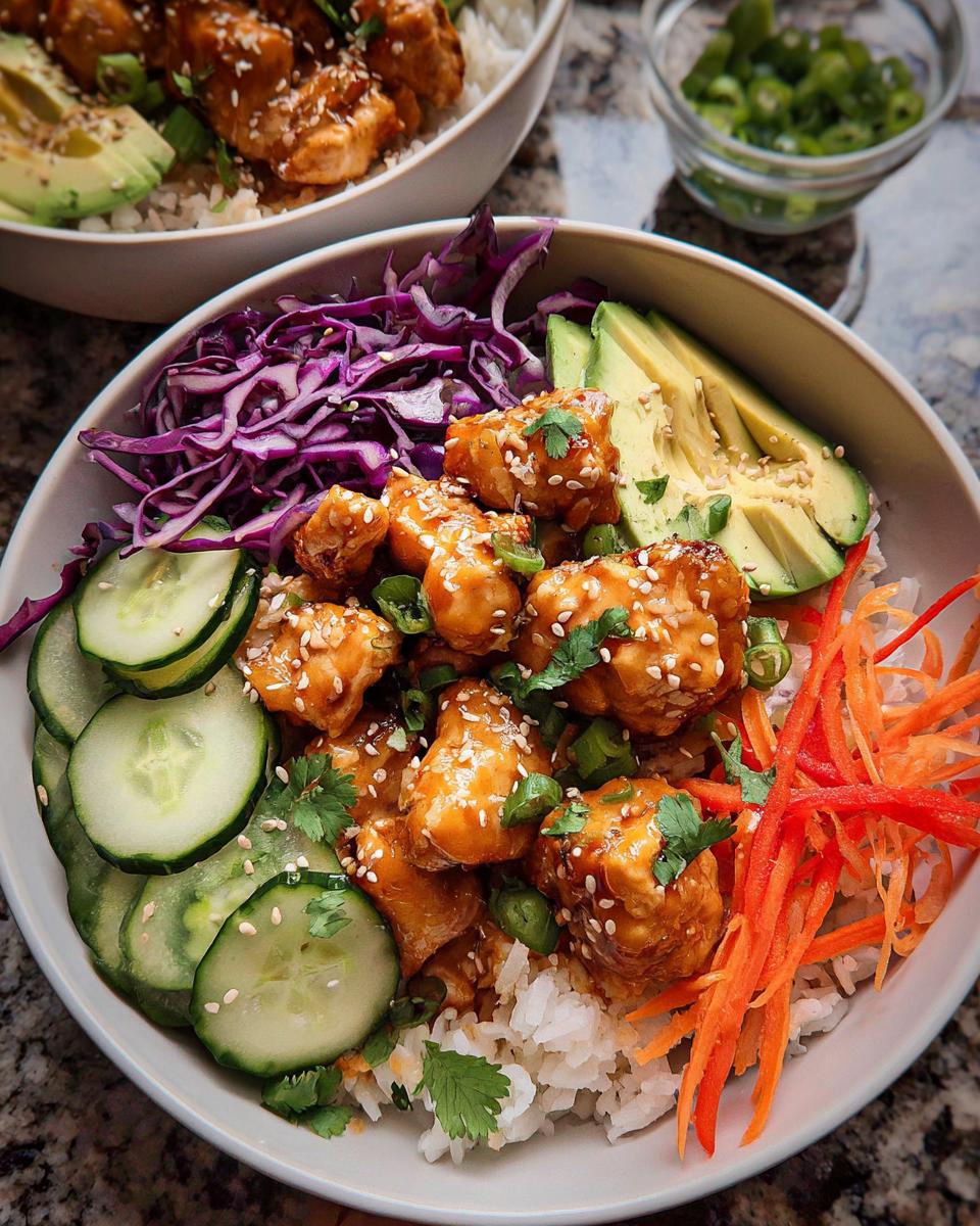A vibrant Bang Bang Chicken Bowl featuring saucy chicken, avocado, cucumber, and shredded cabbage over rice.