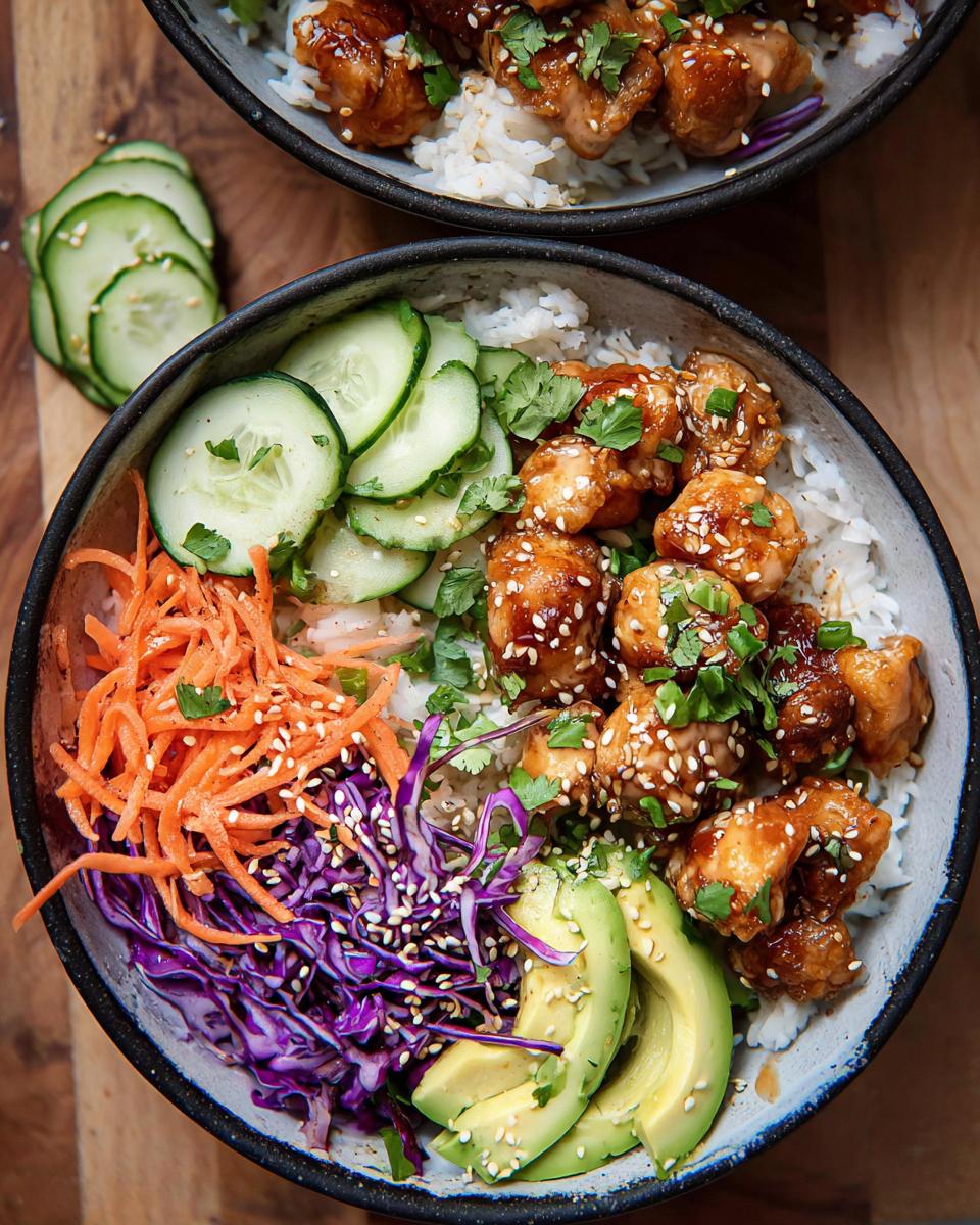 A close-up overhead view of a colorful Bang Bang Chicken Bowl featuring glazed chicken, rice, avocado, carrots, and red cabbage.