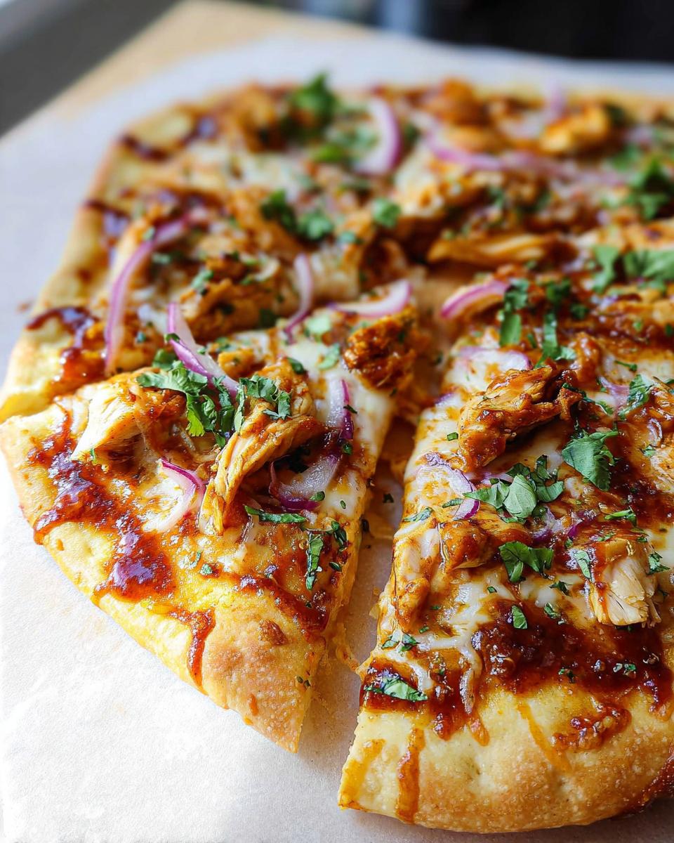 Close-up of a slice of BBQ Chicken Flatbread topped with shredded chicken, melted cheese, red onion, and cilantro.