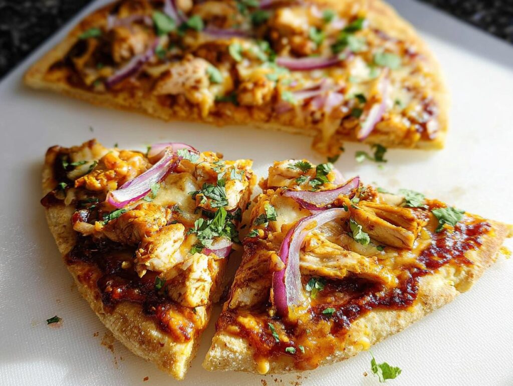 Close-up of two slices of BBQ Chicken Flatbread topped with shredded chicken, red onion, cheese, and cilantro.