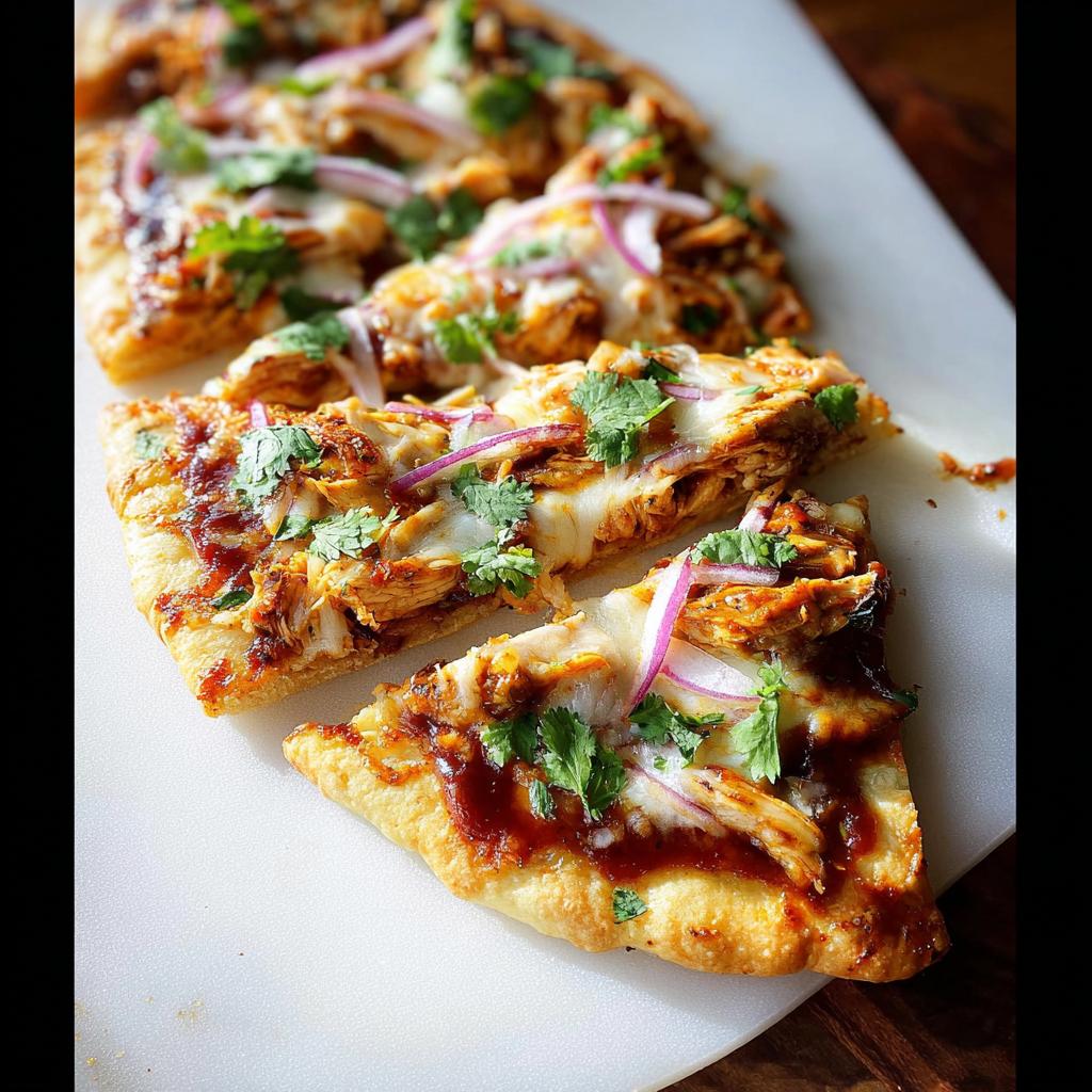 Close-up of sliced BBQ Chicken Flatbread topped with melted cheese, red onions, and cilantro.