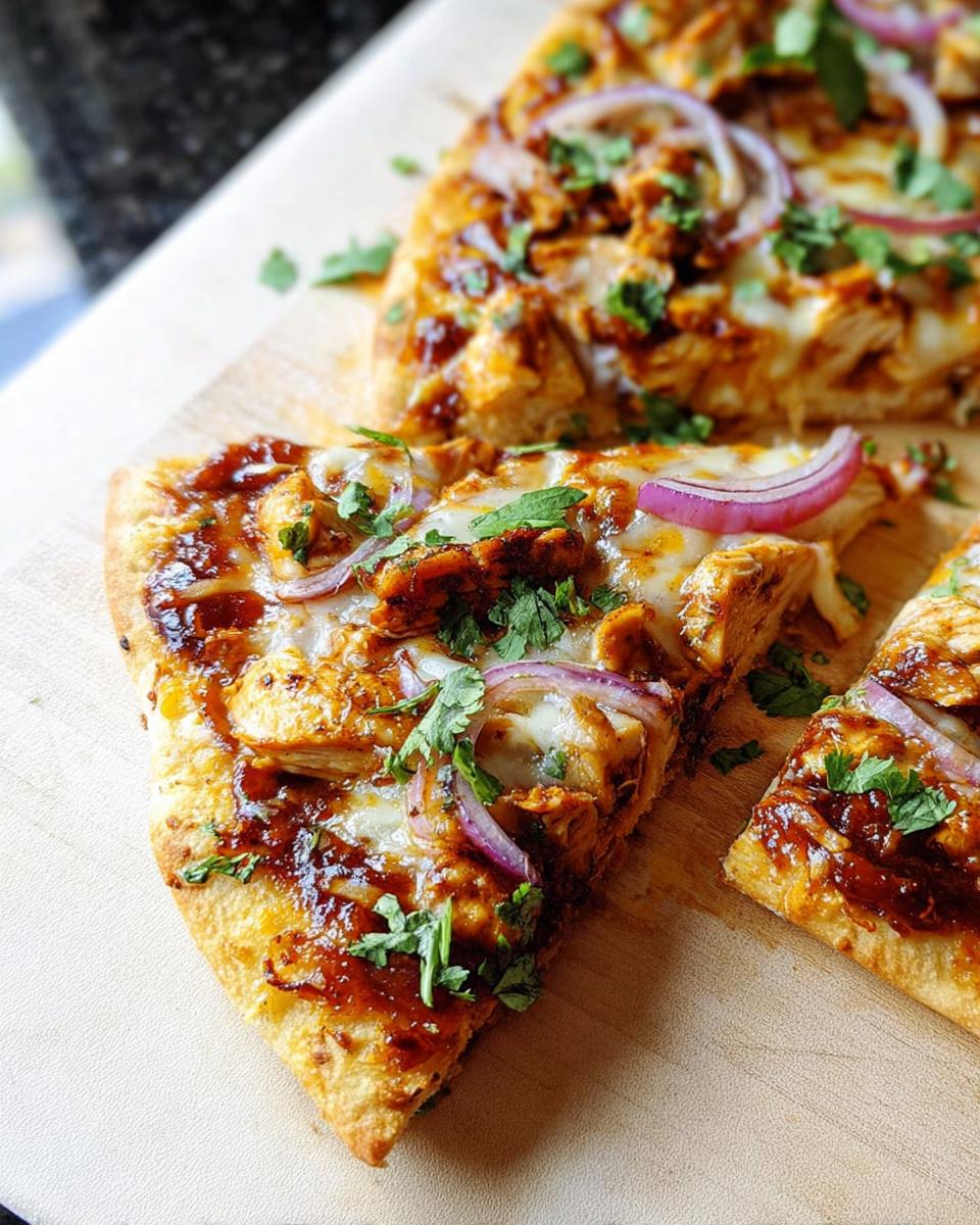 Close-up of three slices of BBQ Chicken Flatbread topped with chicken, red onion, cheese, and cilantro.