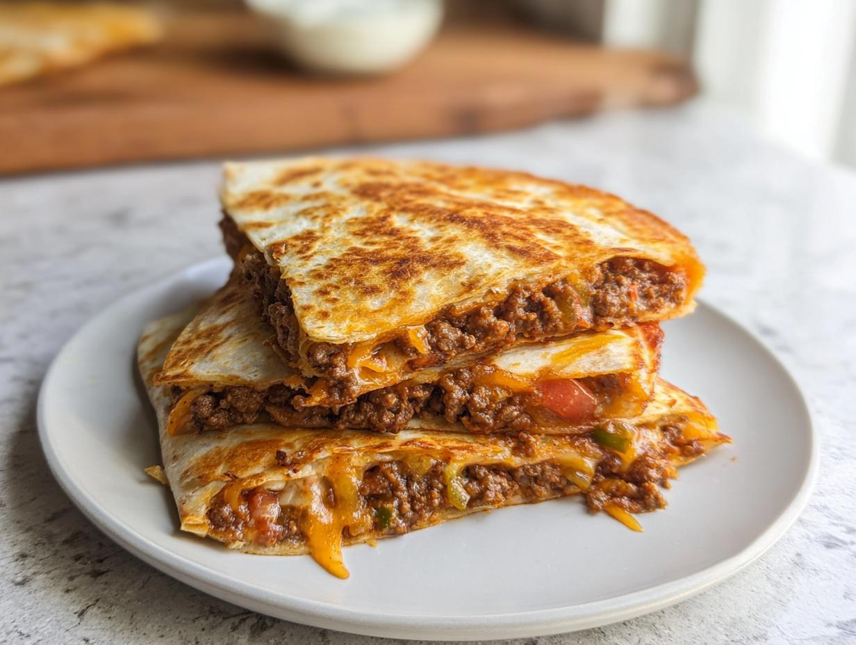 A stack of three golden-brown Beef and Cheese Quesadillas, filled with seasoned ground beef and melted cheese.
