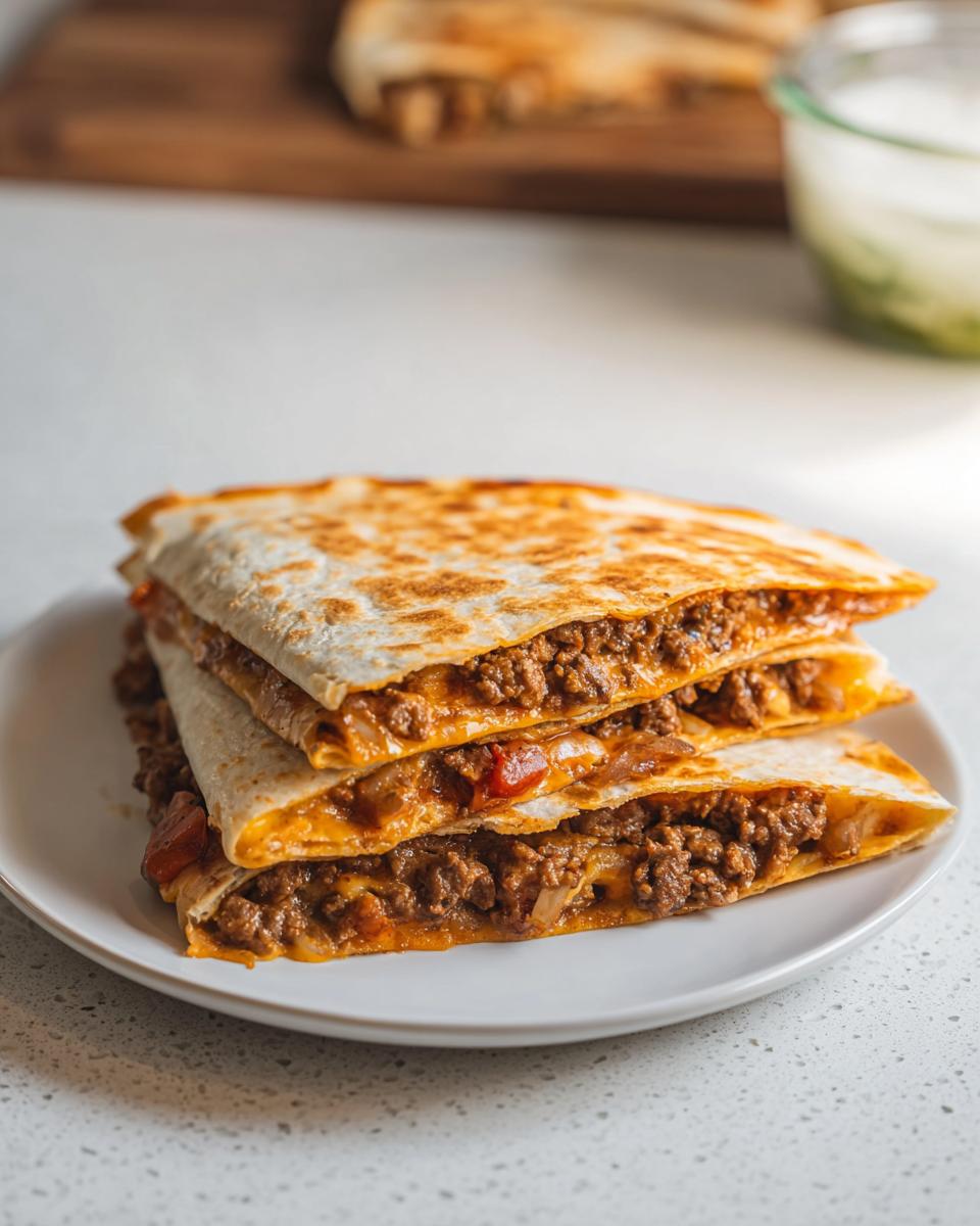 A stack of three golden-brown Beef and Cheese Quesadillas, cut into wedges, filled with seasoned ground beef and melted cheese.