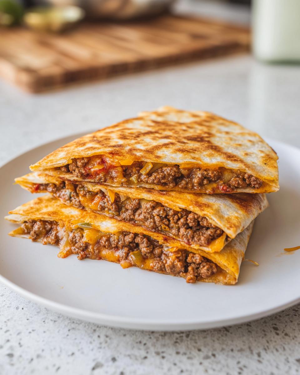 A stack of three golden-brown Beef and Cheese Quesadillas, generously filled with seasoned ground beef and melted cheese.