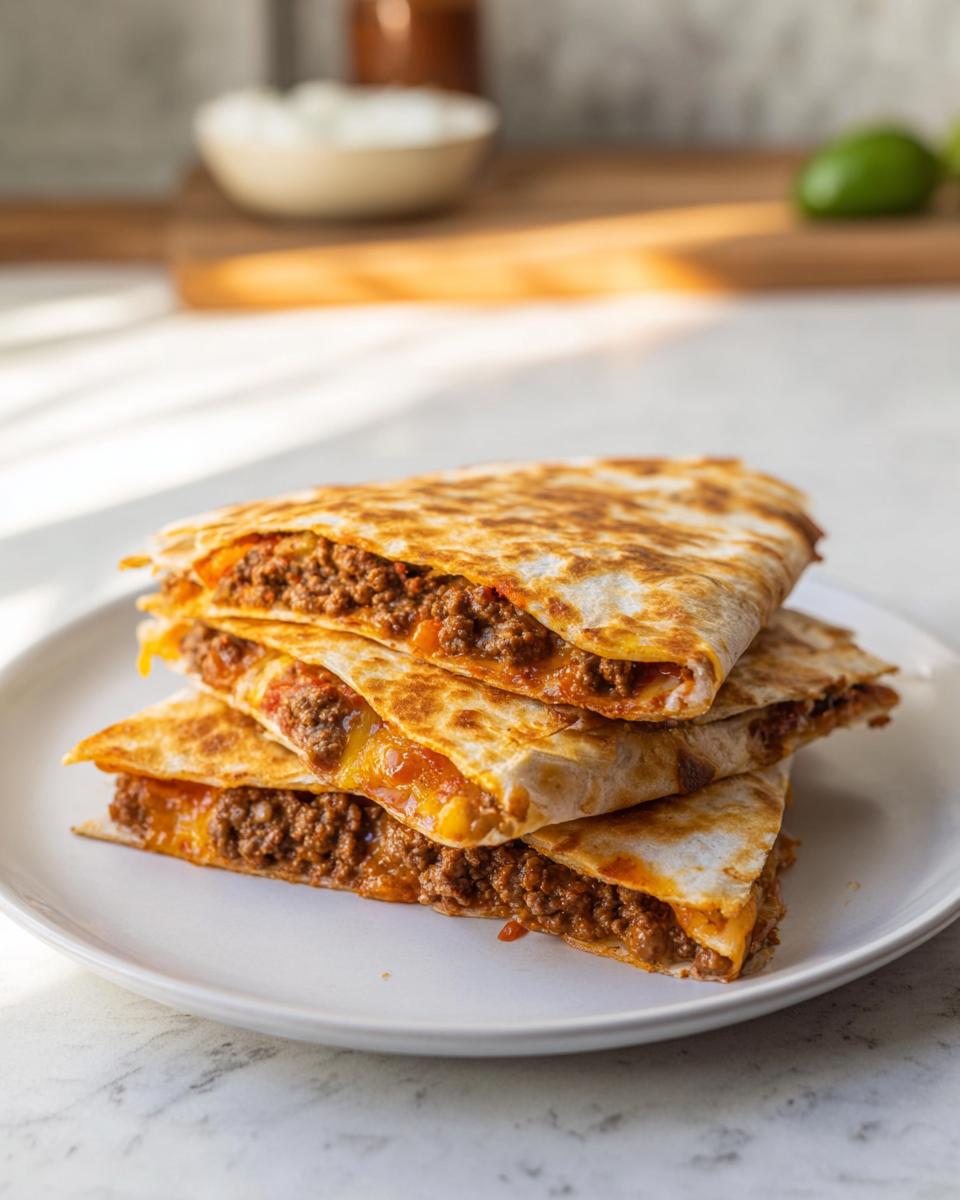 A stack of perfectly golden-brown Beef and Cheese Quesadillas, cut into wedges and filled with seasoned ground beef and melted cheese.