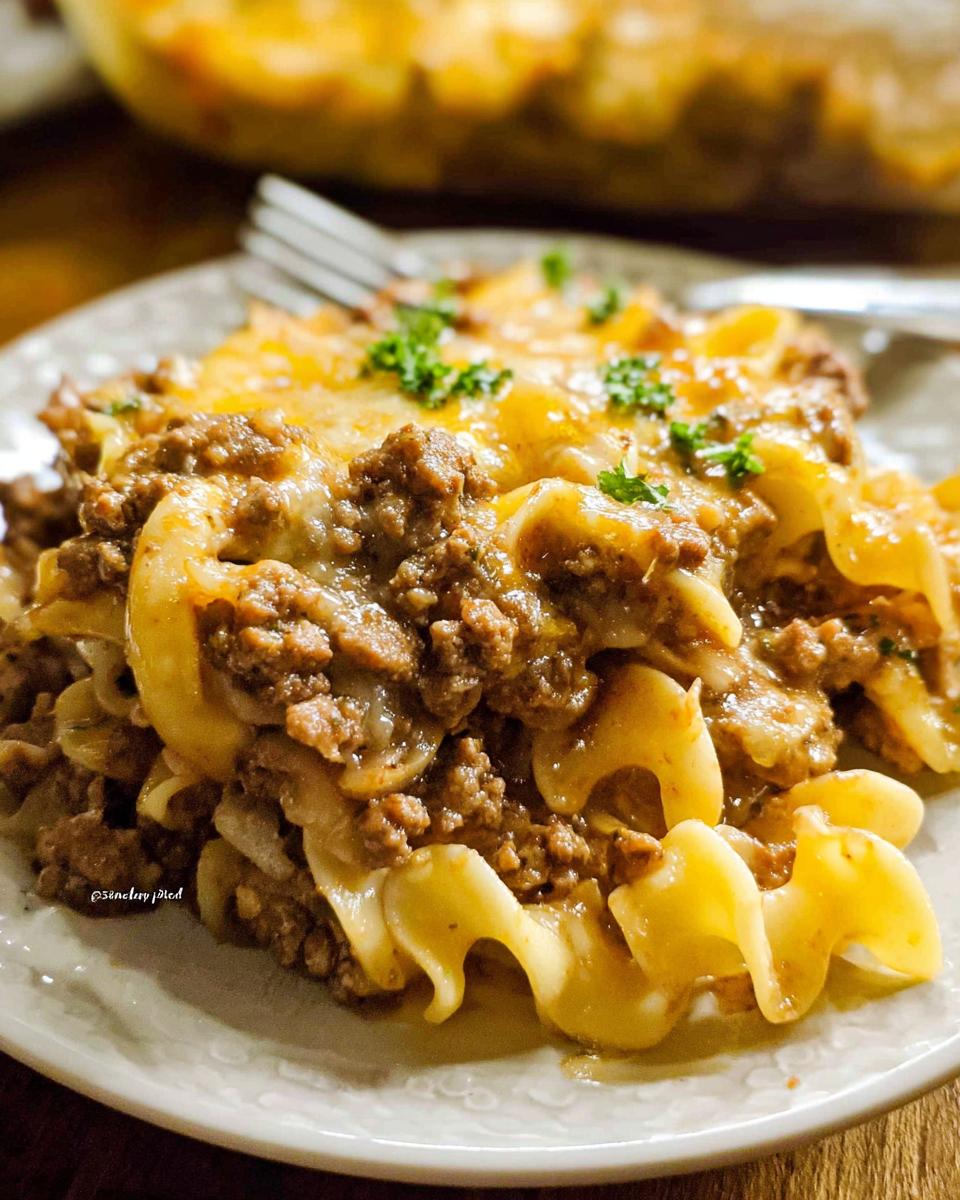 A close-up of a serving of Beef Enchilada Casserole featuring ground beef, melted cheese, and wide egg noodles, garnished with parsley.
