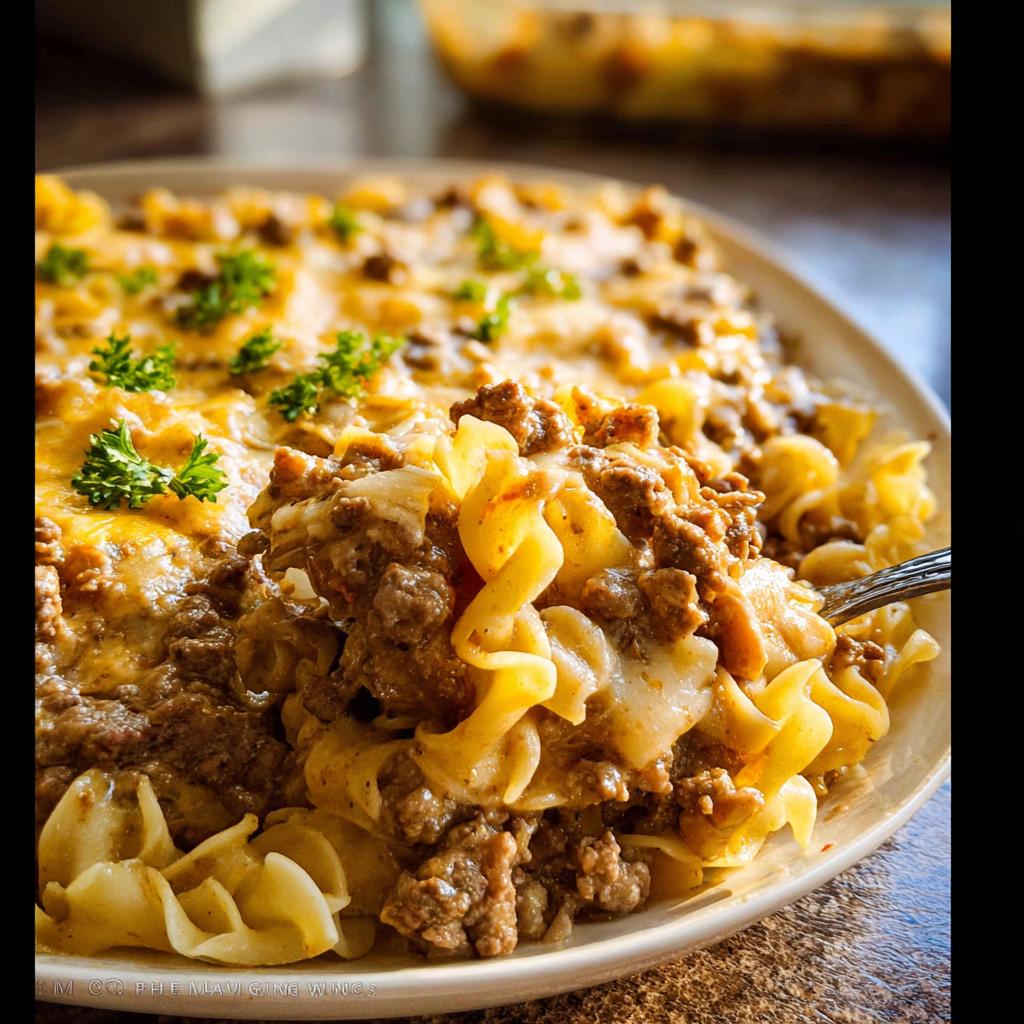 A fork lifts a generous portion of cheesy Beef Enchilada Casserole mixed with egg noodles from a plate.
