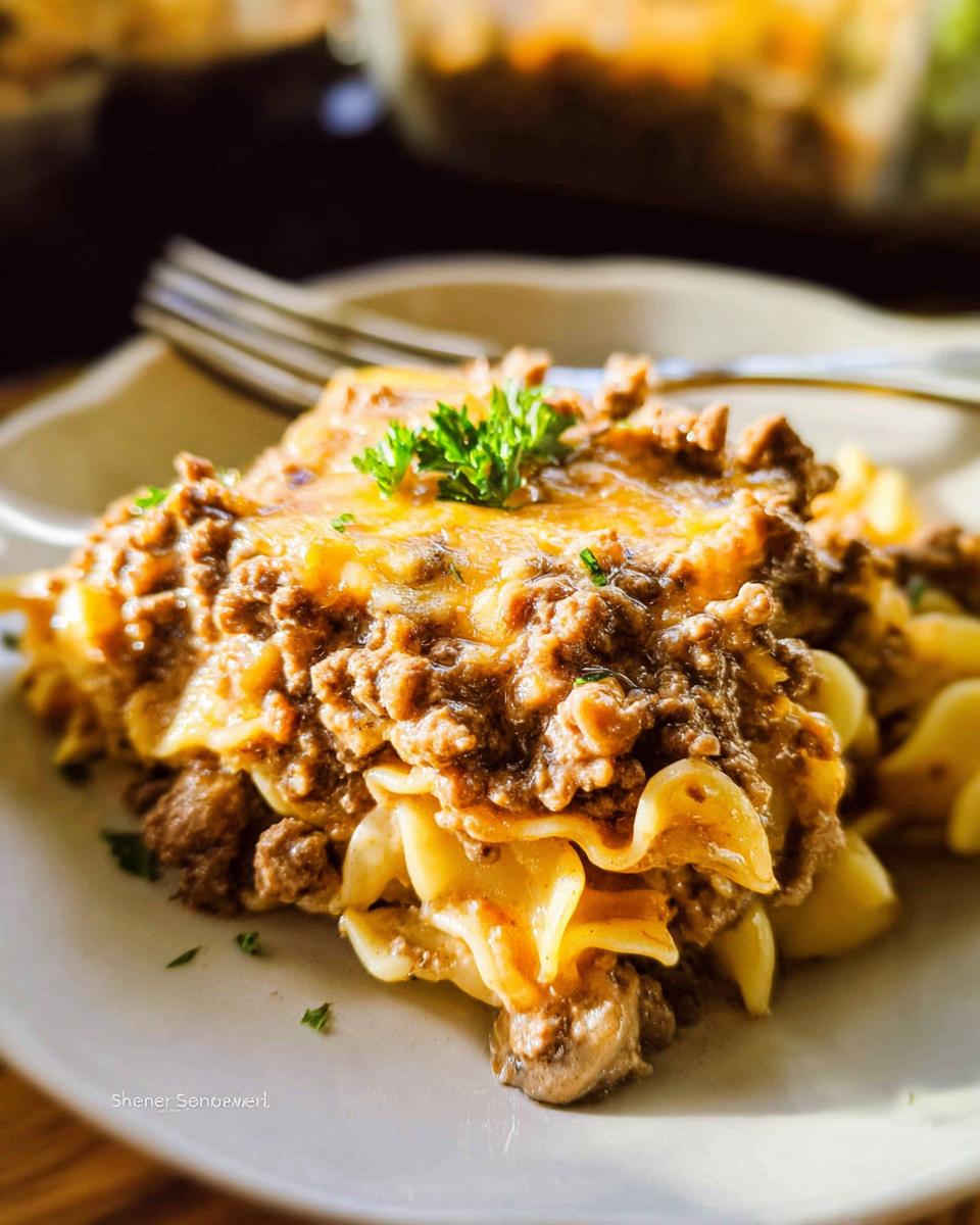 A close-up serving of Beef Enchilada Casserole featuring layers of pasta, seasoned ground beef, and melted cheese, garnished with parsley.