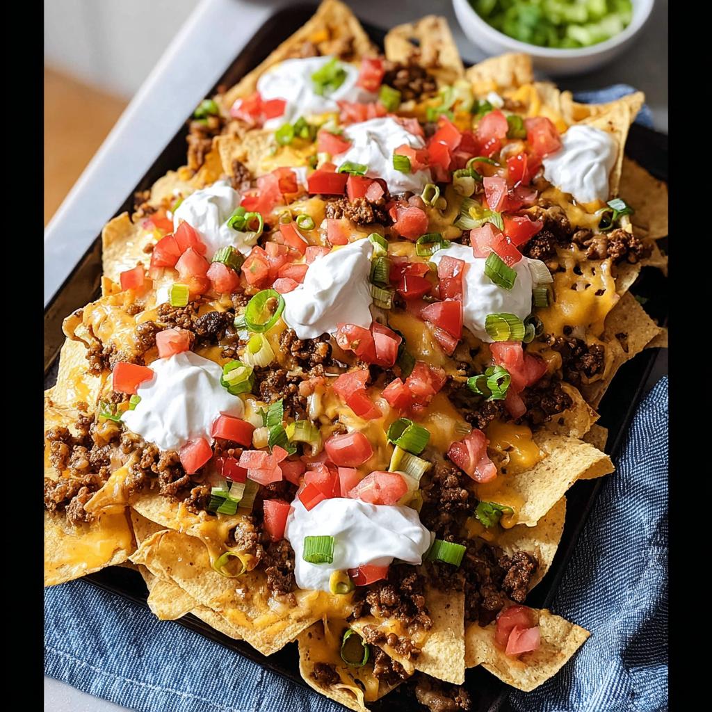 A generous serving of Beef Nachos Supreme, piled high with seasoned ground beef, melted cheese, sour cream, diced tomatoes, and green onions.