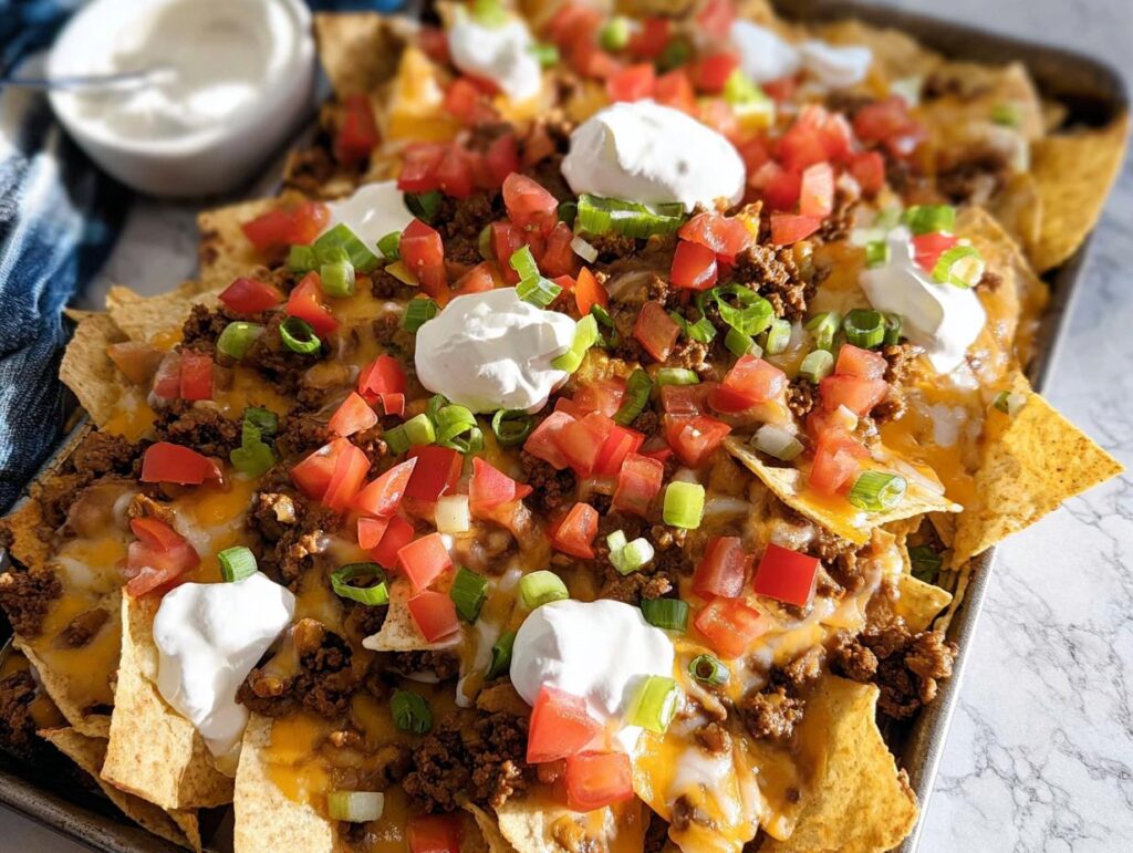 A full tray of Beef Nachos Supreme, generously topped with seasoned ground beef, melted cheese, diced tomatoes, green onions, and dollops of sour cream.