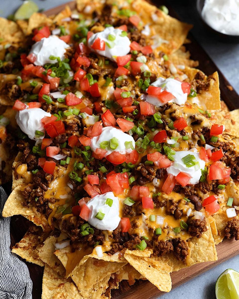 A generous platter of Beef Nachos Supreme, topped with seasoned ground beef, melted cheese, diced tomatoes, sour cream, and green onions.