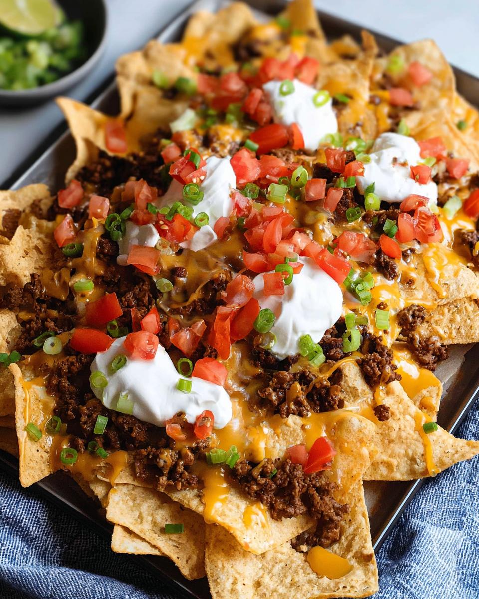 A close-up of loaded Beef Nachos Supreme with ground beef, melted cheese, sour cream, tomatoes, and green onions.