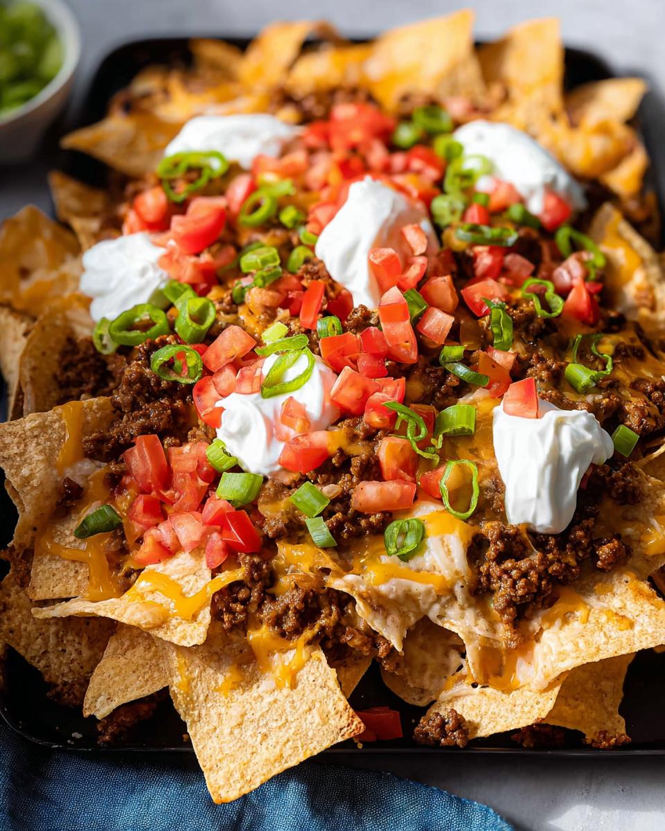 A close-up view of a large platter of Beef Nachos Supreme, generously topped with seasoned ground beef, melted cheese, diced tomatoes, green onions, and dollops of sour cream.