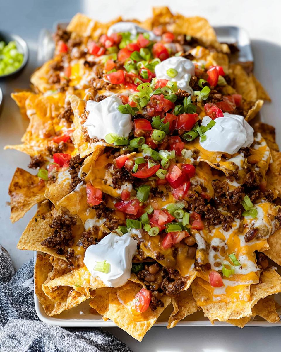 A large platter of Beef Nachos Supreme topped with seasoned ground beef, melted cheese, tomatoes, sour cream, and green onions.