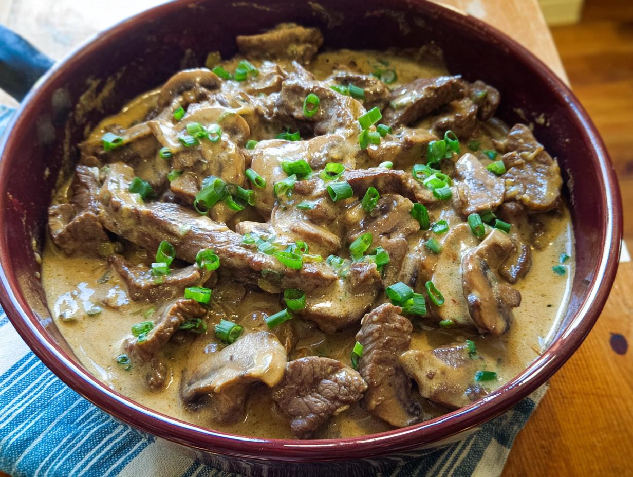 A close-up of creamy Beef Stroganoff in a dish, featuring tender beef strips, mushrooms, and fresh green chives.