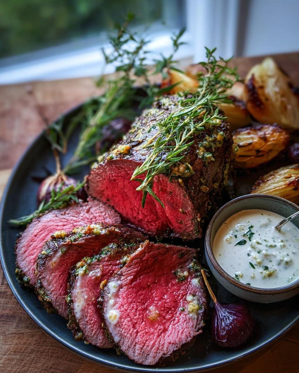 Slices of medium-rare Beef Tenderloin Roast with Garlic Herb Butter served with roasted onions and a creamy sauce.