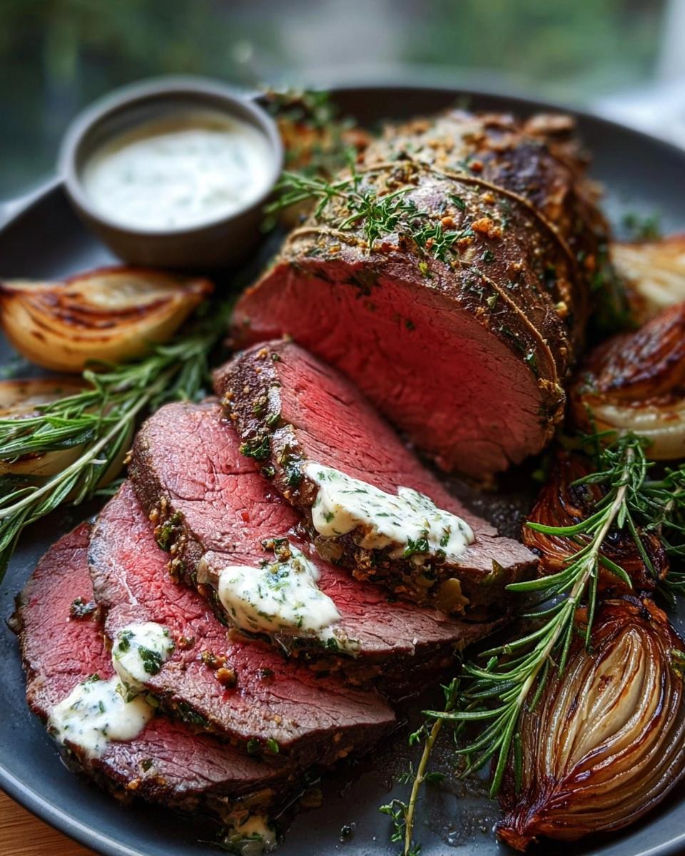 Perfectly cooked, medium-rare Beef Tenderloin Roast with Garlic Herb Butter sliced and drizzled with sauce.