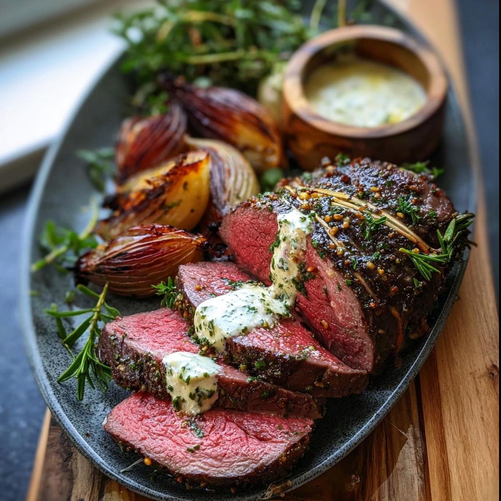 Slices of perfectly cooked Beef Tenderloin Roast with Garlic Herb Butter drizzled over the top, served with roasted onions.
