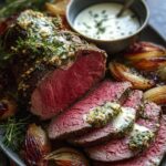 A sliced Beef Tenderloin Roast with Garlic Herb Butter melting over the medium-rare slices, served with roasted onions.