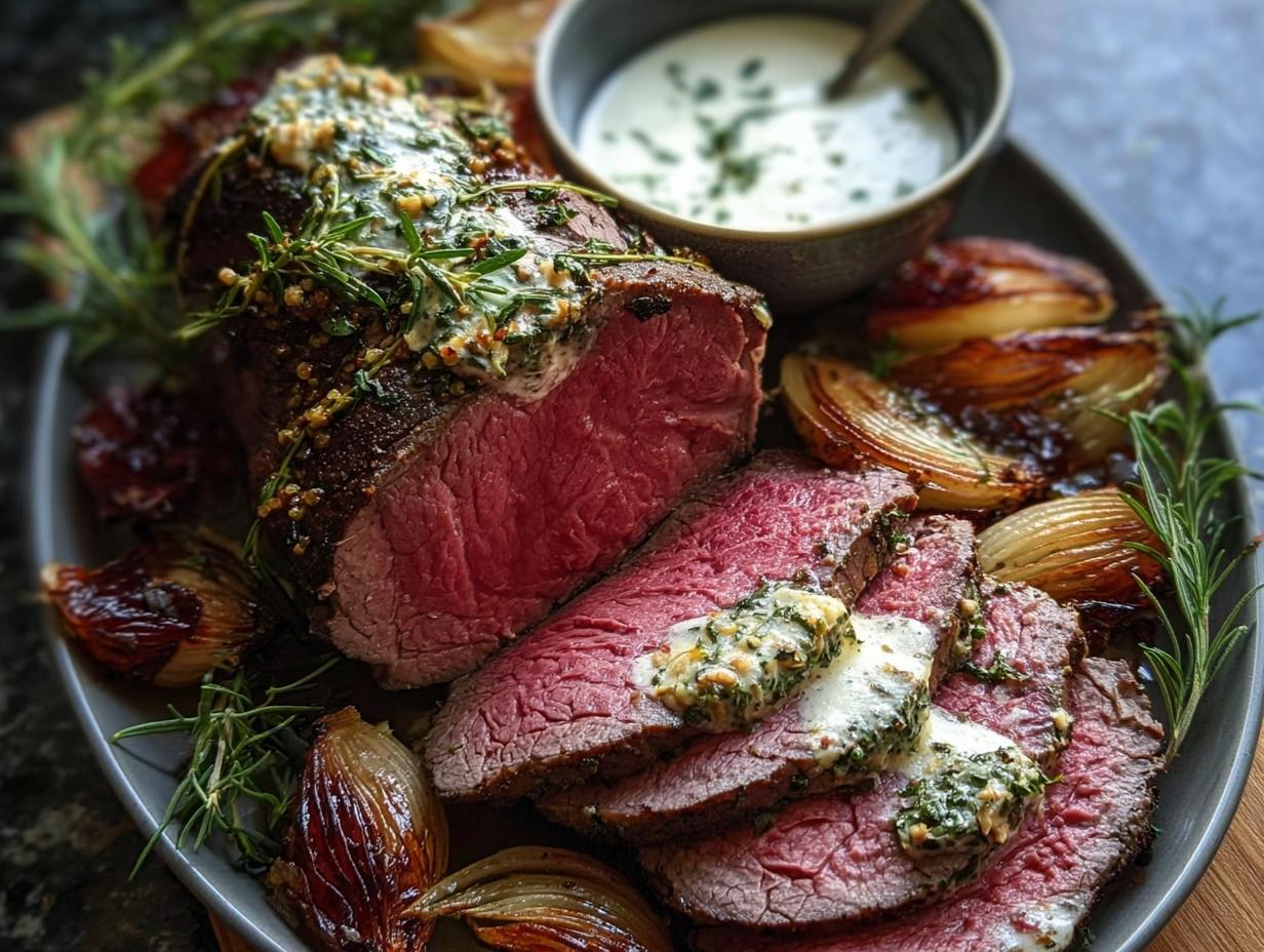 A sliced Beef Tenderloin Roast with Garlic Herb Butter melting over the medium-rare slices, served with roasted onions.