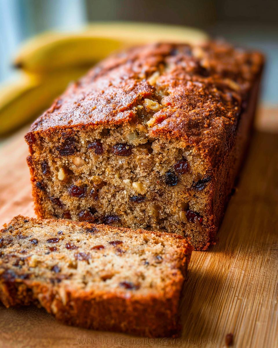 A moist loaf of Best Ever Banana Bread, partially sliced, showing raisins and nuts inside.