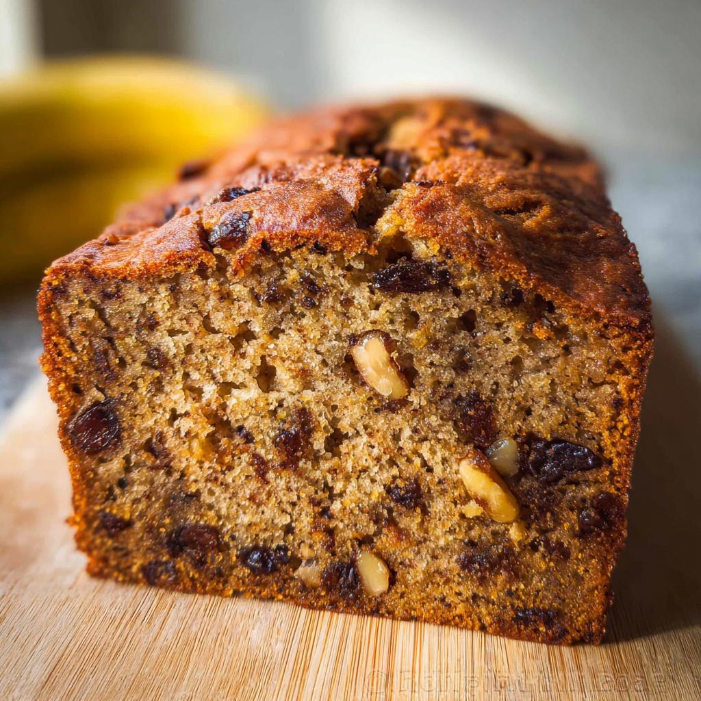 Close-up of the moist interior of the Best Ever Banana Bread, showing walnuts and raisins.