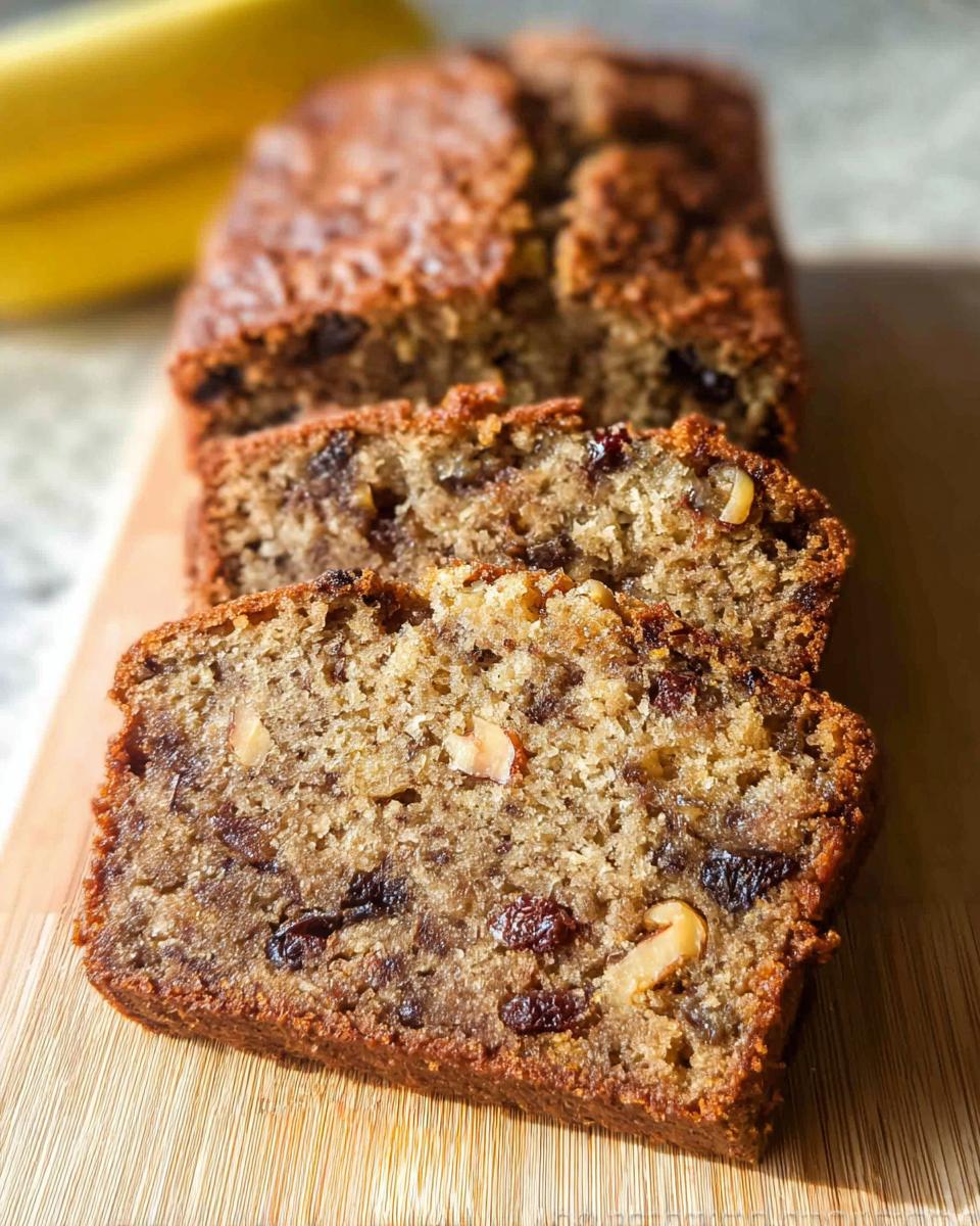 Close-up of moist slices of Best Ever Banana Bread showing walnuts and raisins baked inside, resting on a wooden board.