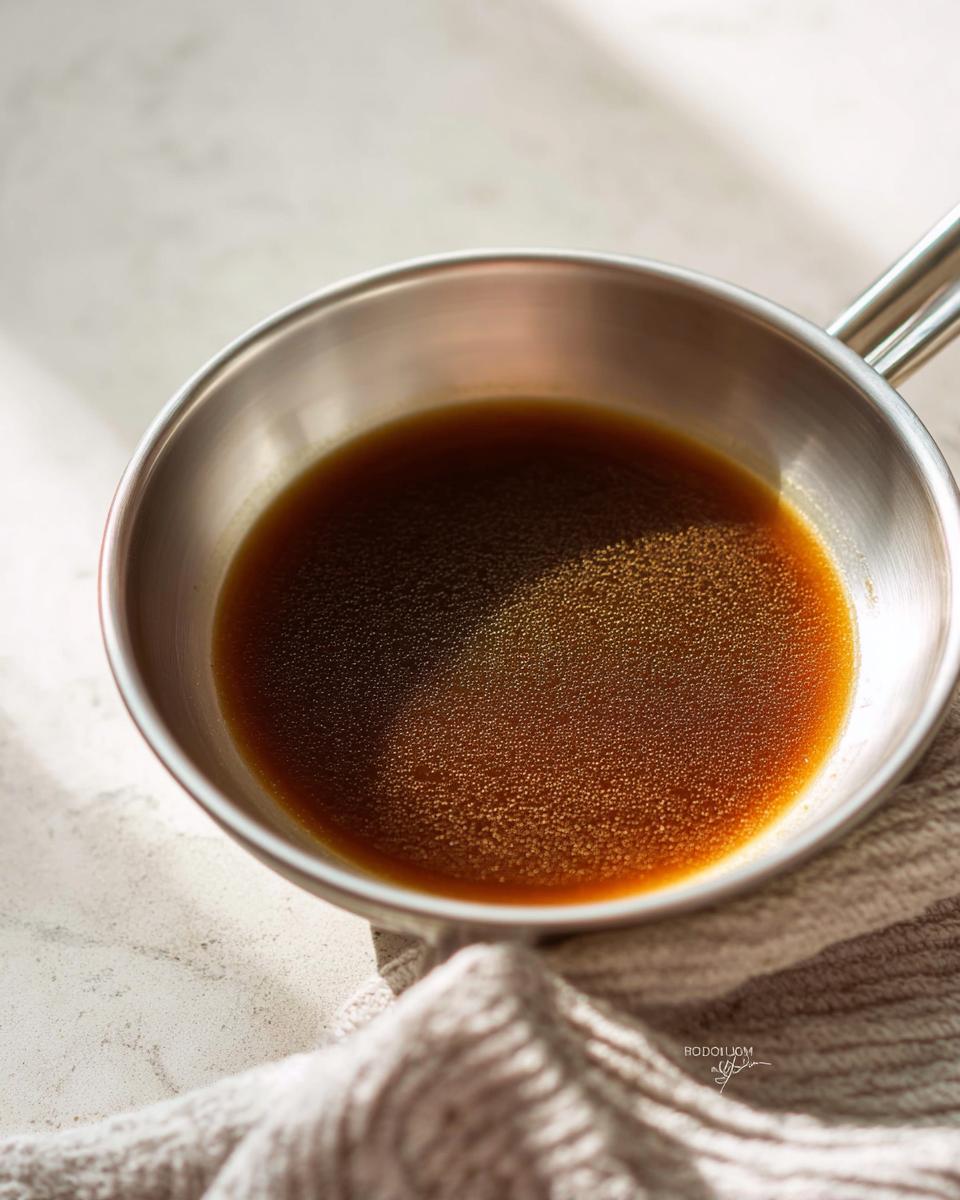 Close-up of rich, brown liquid simmering in a small stainless steel saucepan, perfect for the Best Homemade Au Jus Recipe.