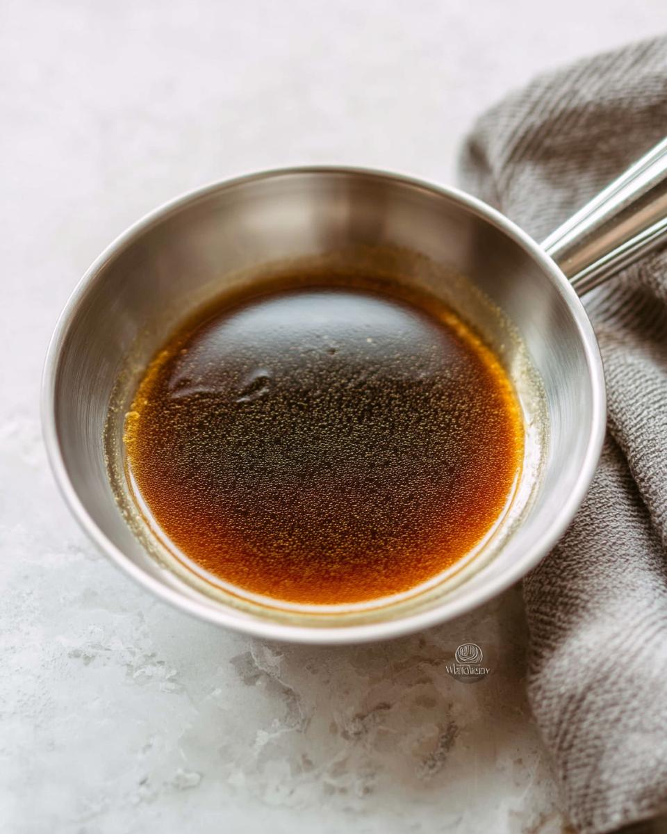 Close-up of rich brown homemade au jus recipe simmering in a small stainless steel saucepan.