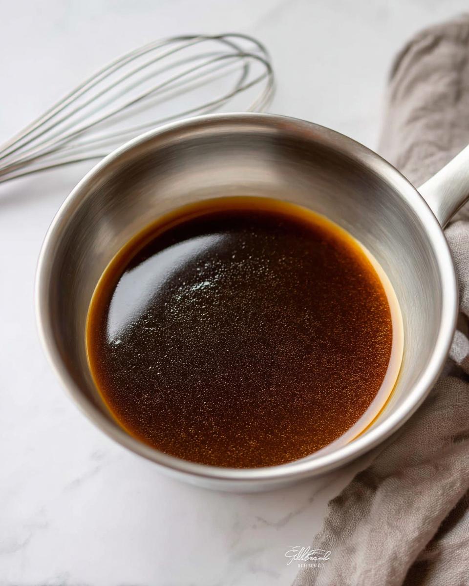 Close-up of rich, dark brown homemade Au Jus Recipe simmering in a small stainless steel saucepan.