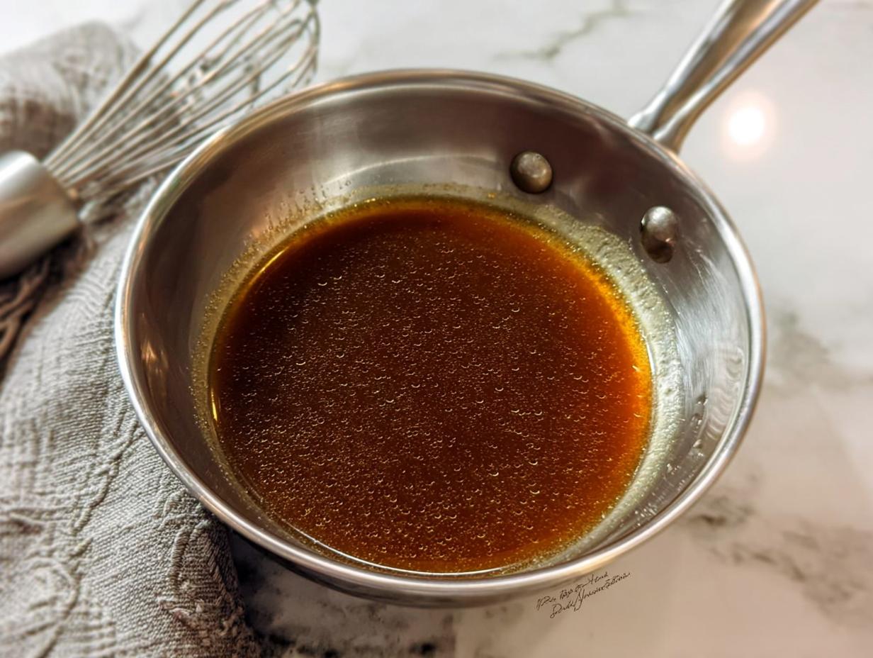 Close-up of rich, brown homemade au jus recipe simmering in a small stainless steel saucepan.