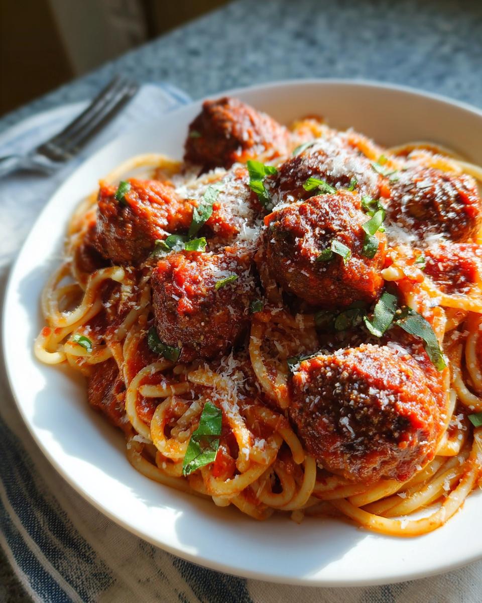 A close-up of a white bowl filled with The Best Italian Spaghetti and Meatballs, topped with Parmesan cheese and basil.