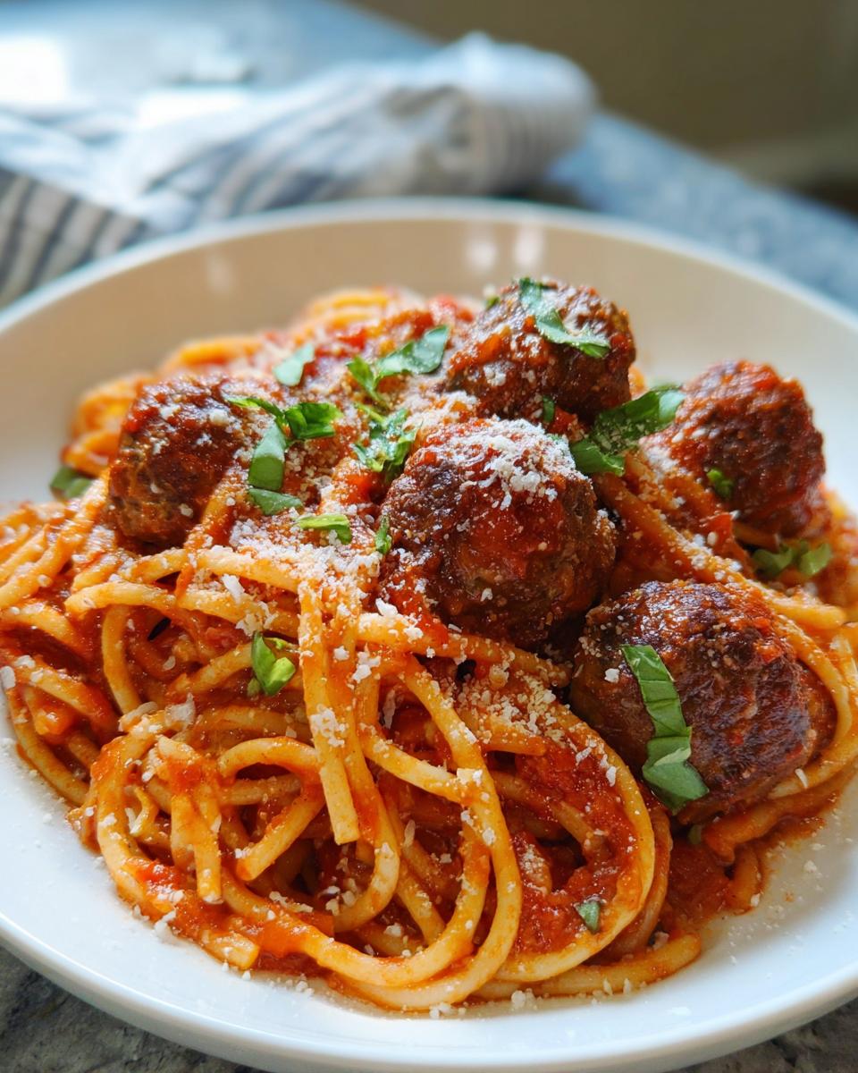 A close-up of a bowl of The Best Italian Spaghetti and Meatballs topped with grated Parmesan and fresh basil.