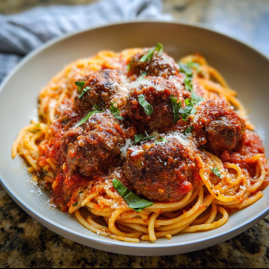 A bowl filled with The Best Italian Spaghetti and Meatballs, topped with tomato sauce, Parmesan cheese, and fresh basil.
