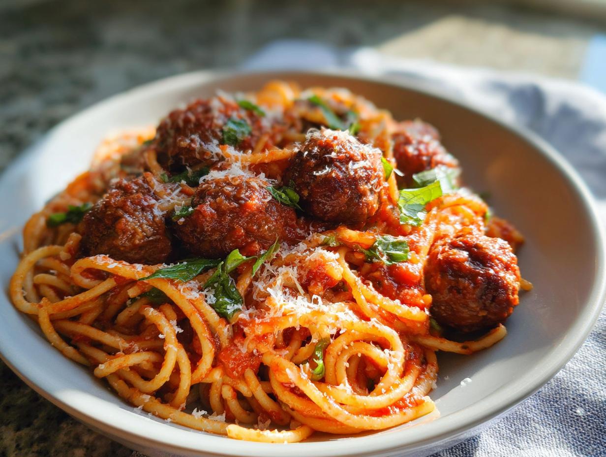 A close-up of a bowl of The Best Italian Spaghetti and Meatballs topped with grated Parmesan and fresh basil.