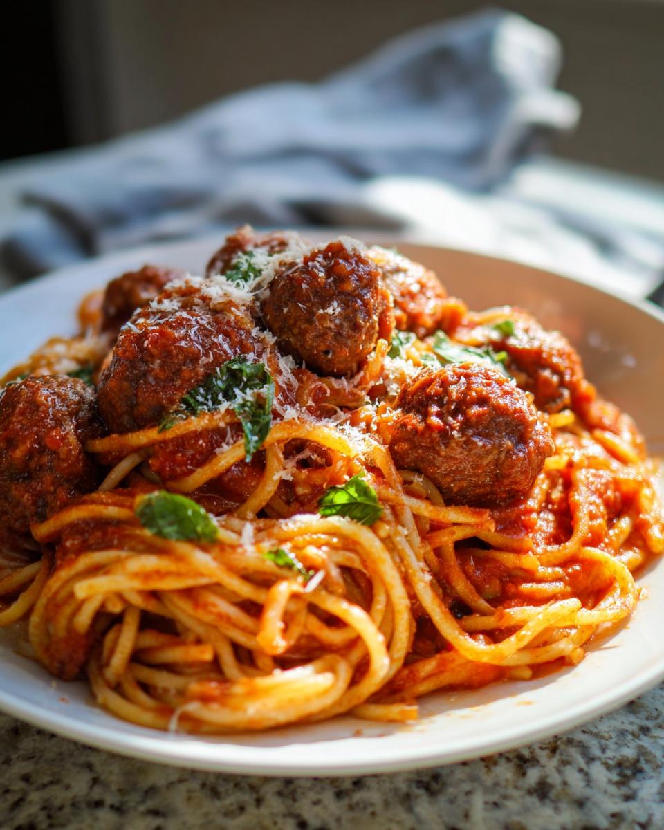 A close-up of a white plate piled high with Italian spaghetti and meatballs smothered in tomato sauce, topped with grated Parmesan.
