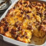 Golden brown Sausage Egg Breakfast Casserole topped with melted cheese and sausage crumbles, served in a white baking dish.