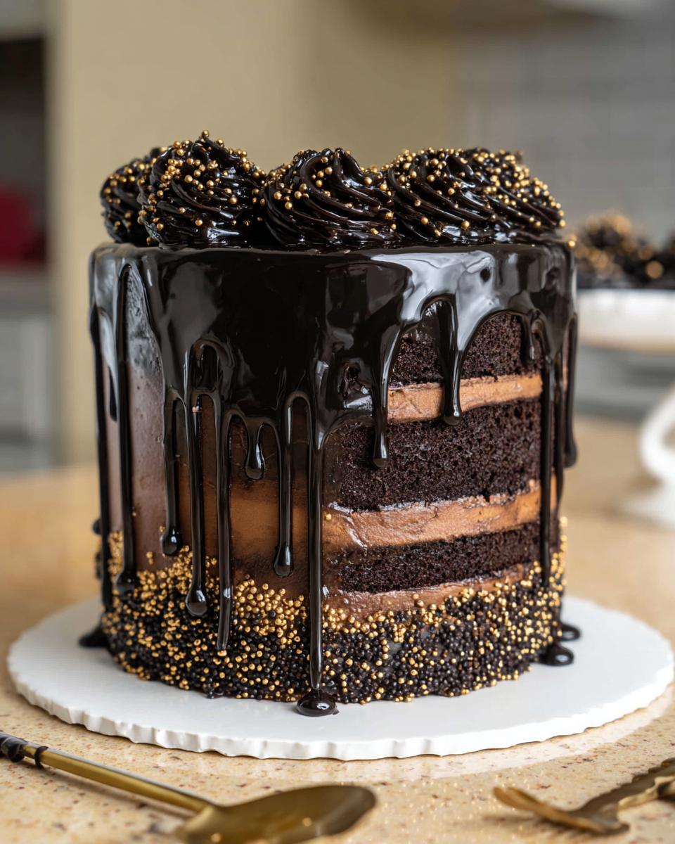 A tall, layered chocolate cake featuring a glossy black chocolate drip and gold sprinkles, a perfect Black and Gold Drip Cake.