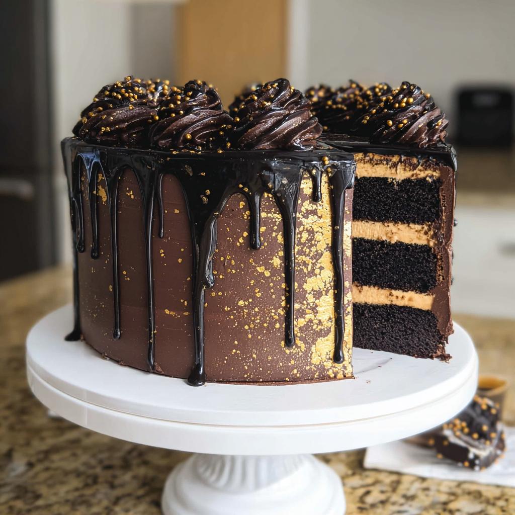 A slice removed from a decadent Black and Gold Drip Cake showing dark chocolate layers and peanut butter filling.
