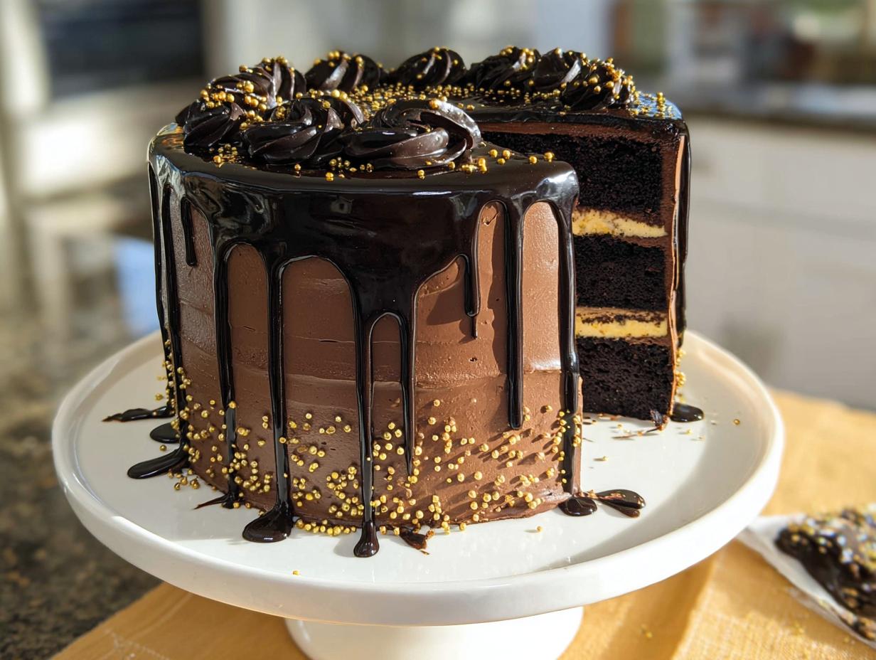 A tall, decadent Black and Gold Drip Cake with a slice cut out showing dark chocolate layers and light filling.