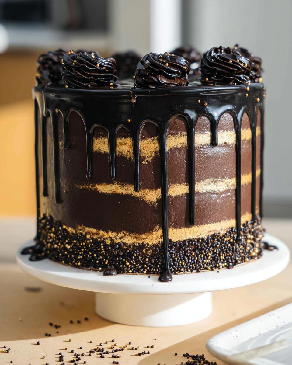 A tall, layered Black and Gold Drip Cake covered in dark chocolate ganache drips and gold sprinkles.