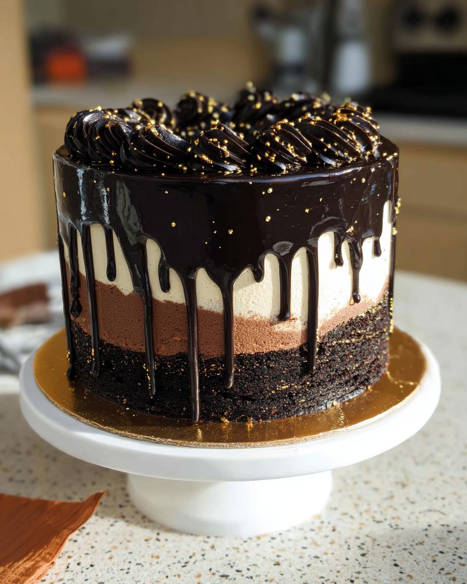A tall, layered Black and Gold Drip Cake featuring dark chocolate ganache dripping over light and dark mousse layers, topped with gold sprinkles.