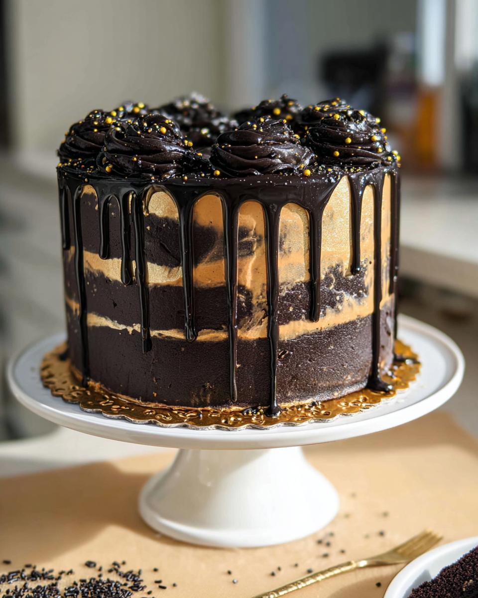A tall, decadent Black and Gold Drip Cake featuring dark chocolate frosting, gold accents, and a rich chocolate ganache drip.